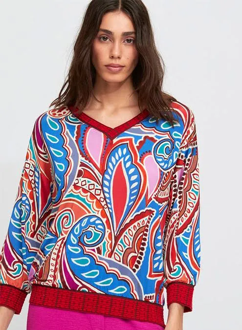 Alice V Neck Printed Top in red/blue by Aldo Martins