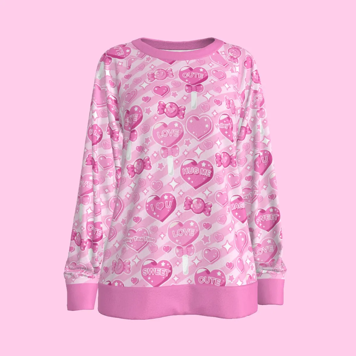 Candy Love Hearts (Pink Cutie) Women's Round Neck Raglan Sleeve Sweatshirt