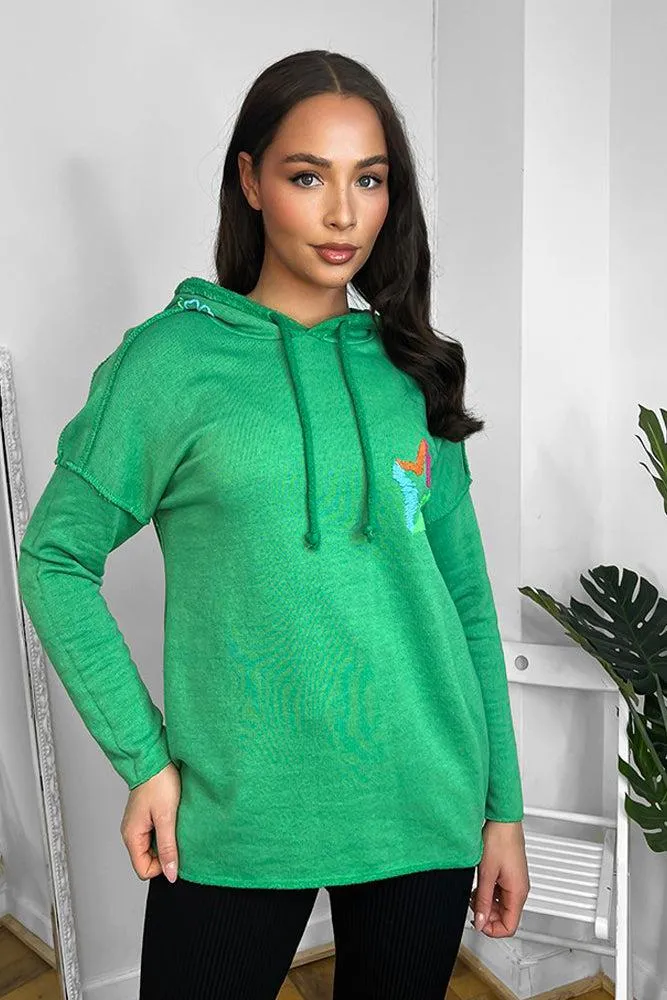 Green Cotton Blend Star Detail Hoodie