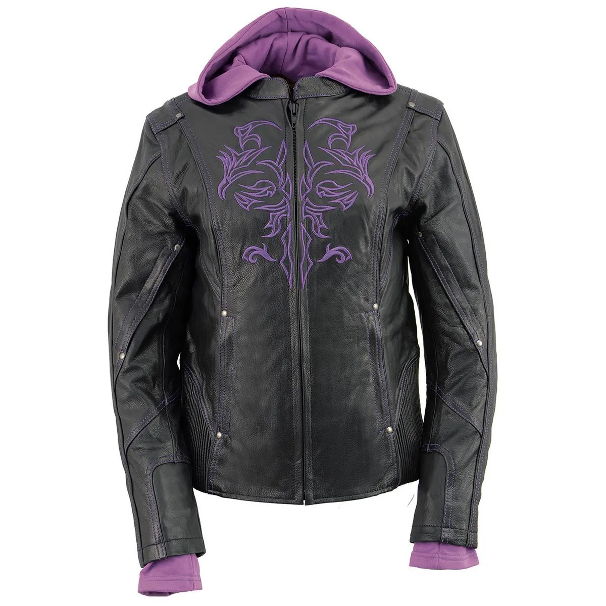 Milwaukee Leather ML2067 Women's 3/4 Black and Purple Leather Hoodie Jacket with Reflective Tribal Design