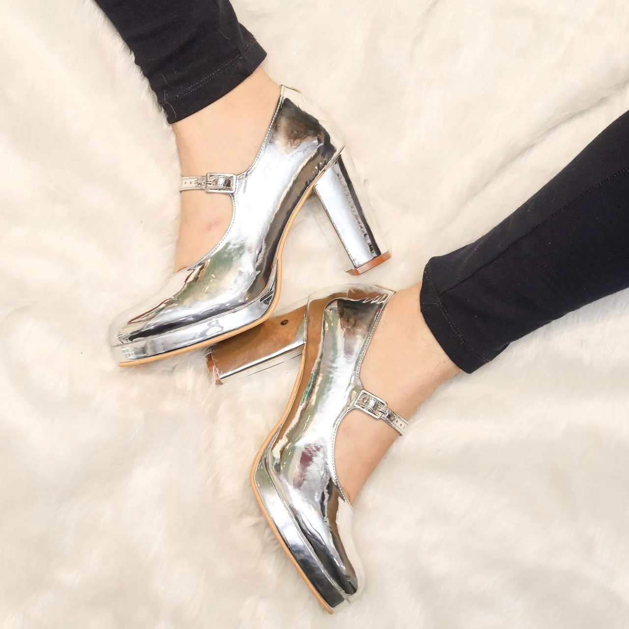 Vibe  (Mary Jane)  (Metallic Silver High Blocks Front Platform crystal sandals)